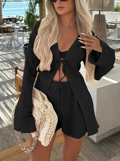 V-Neck Long Sleeve Top & Shorts Set