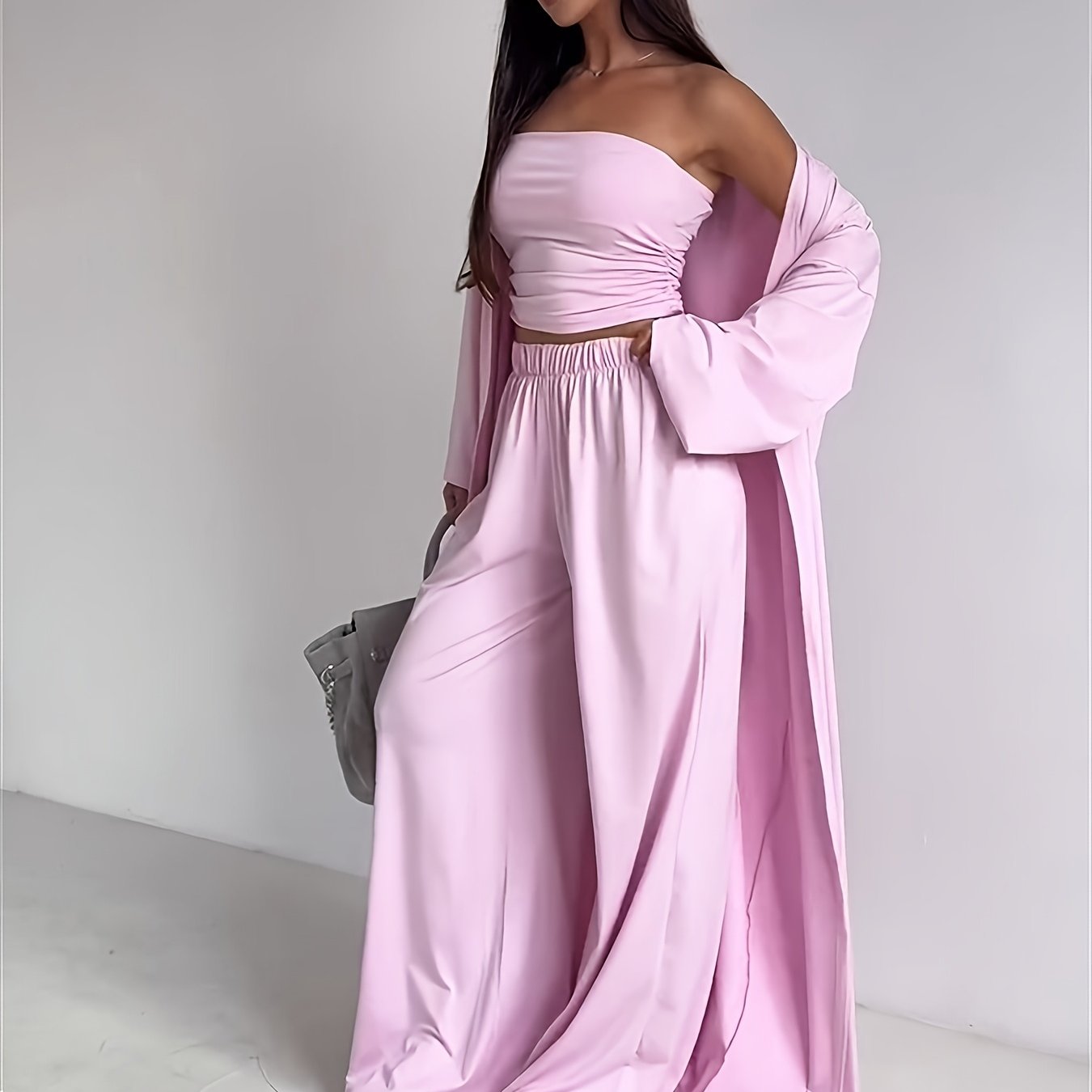 Tube Top, Long Cardigan & Wide-Leg Pants Set