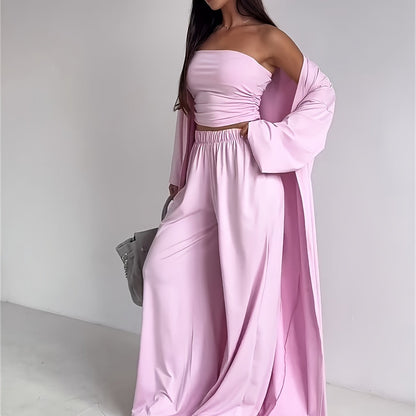 Tube Top, Long Cardigan & Wide-Leg Pants Set