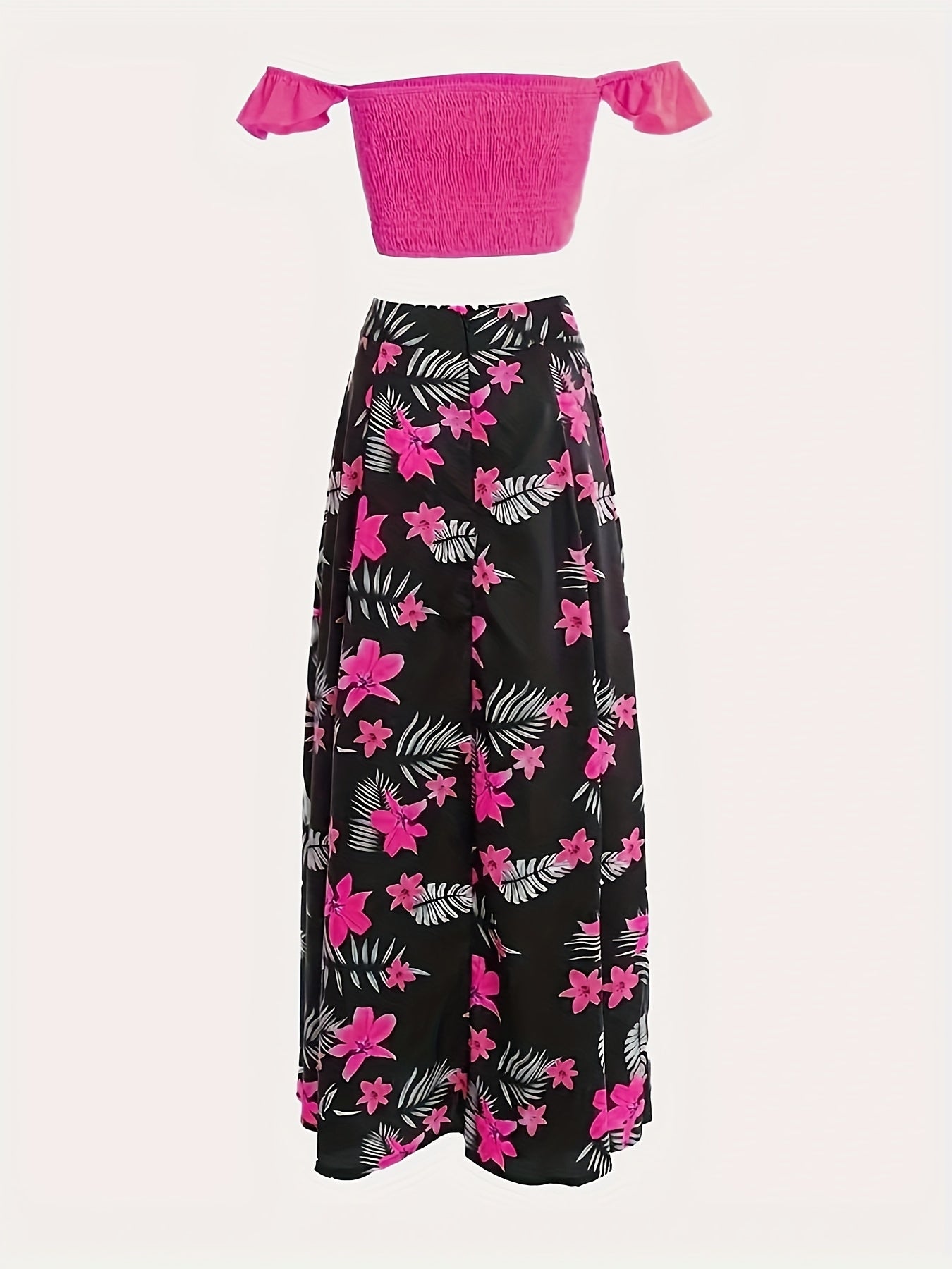 Off-Shoulder Pleated Crop Top & Slit Skirt Set