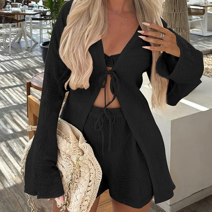 V-Neck Long Sleeve Top & Shorts Set
