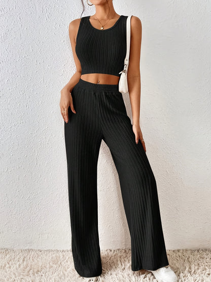Ribbed Crop Tank & Elastic Pants Pajama Set