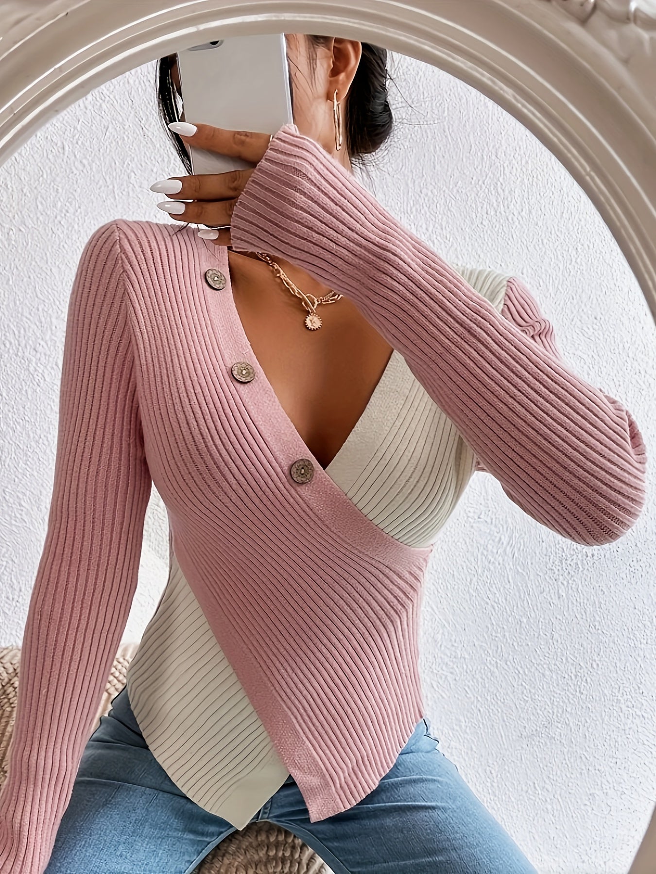 The Santa Monica Apparel™ | Chic V-Neck Button-Detail Sweater