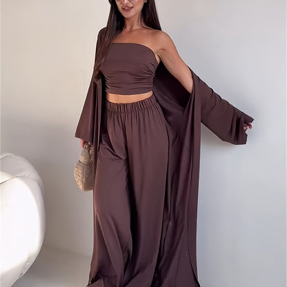 Tube Top, Long Cardigan & Wide-Leg Pants Set