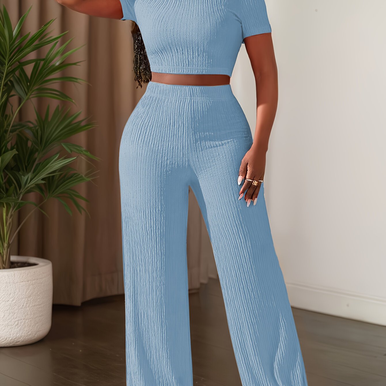 Short Sleeve Top & Wide-Leg Pants Set