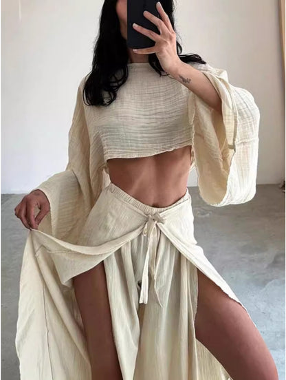 Long-Sleeve Top & High-Waist Slit Skirt Set