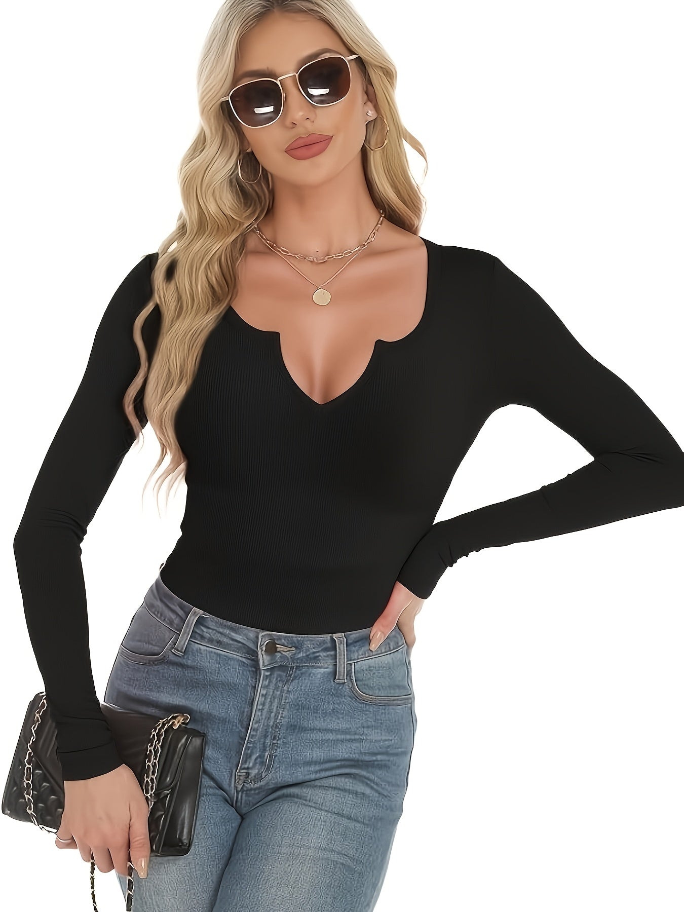 The Santa Monica Apparel™ | Ribbed V-Neck Long-Sleeve Top