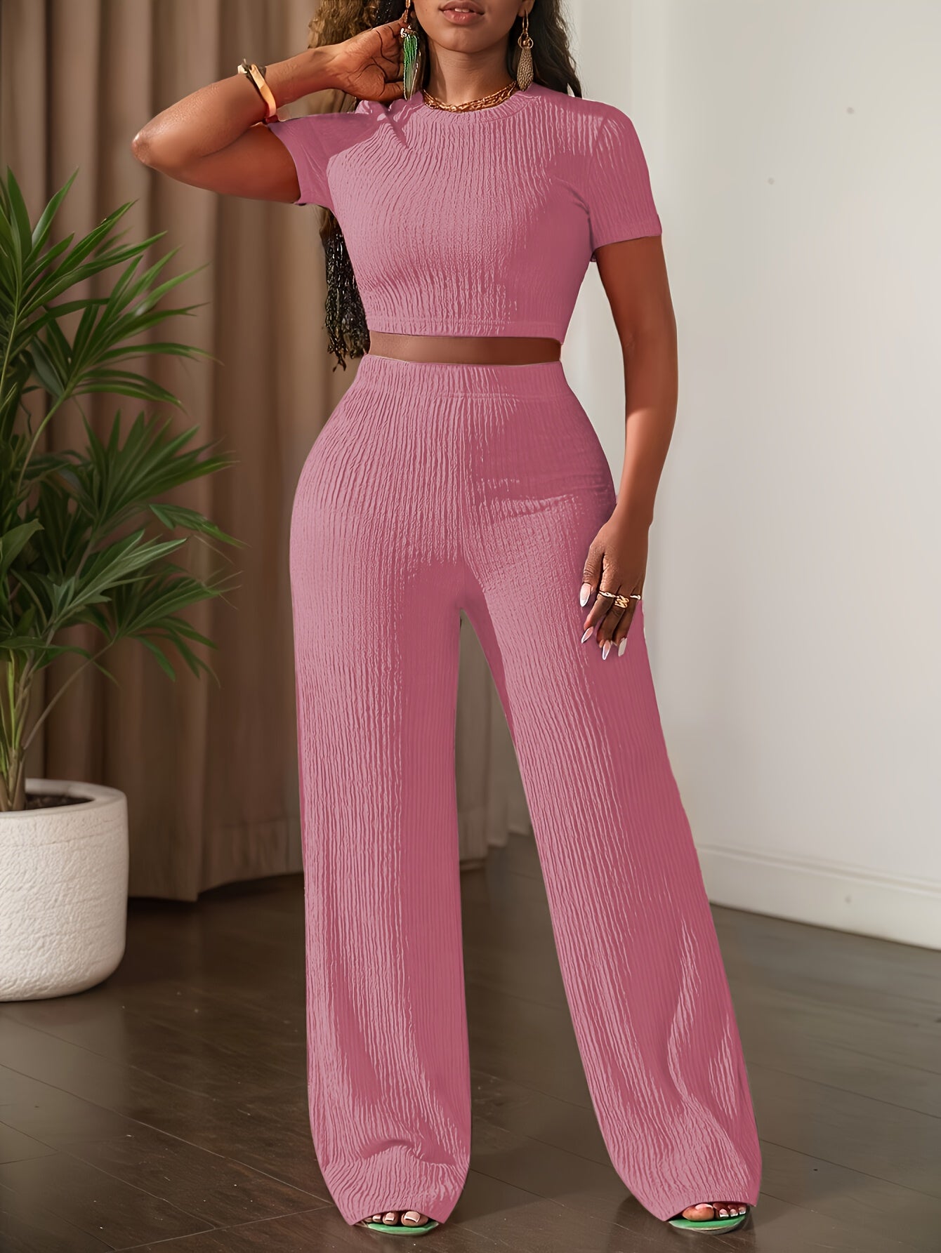 Short Sleeve Top & Wide-Leg Pants Set