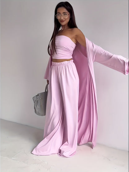 Tube Top, Long Cardigan & Wide-Leg Pants Set