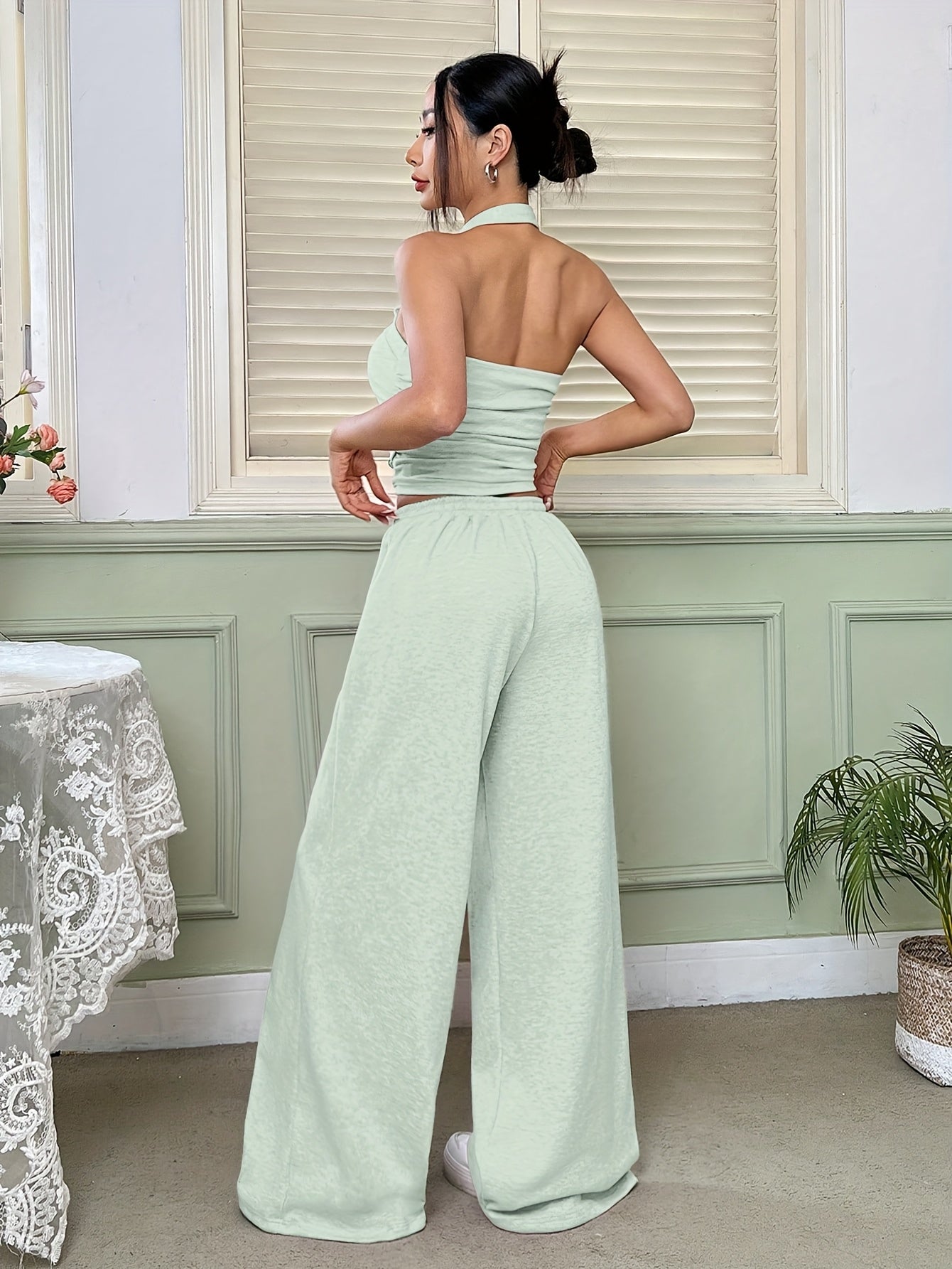Strapless Top & Drawstring Wide-Leg Pants Set