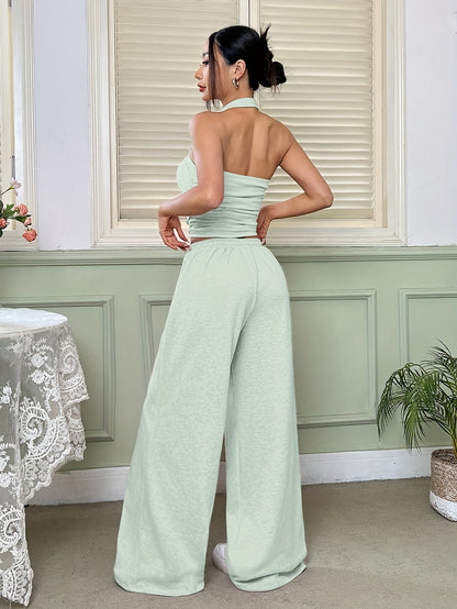 Strapless Top & Drawstring Wide-Leg Pants Set