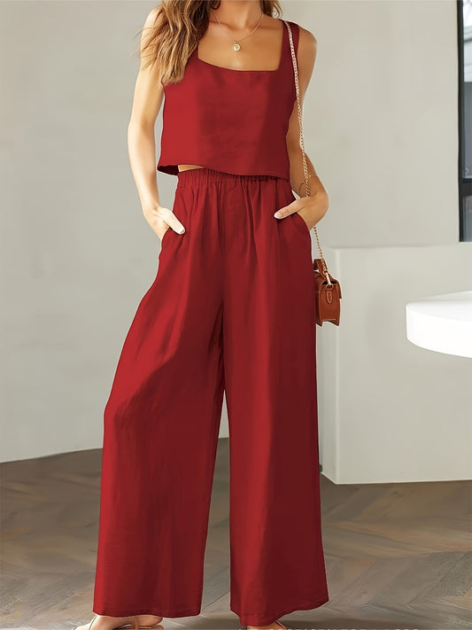 Square Neck Tank Top & Wide-Leg Pants Set