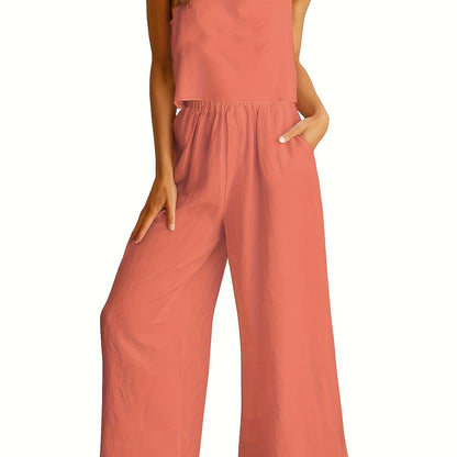 Square Neck Tank Top & Wide-Leg Pants Set