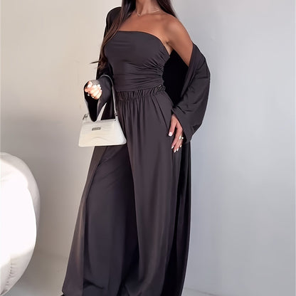 Tube Top, Long Cardigan & Wide-Leg Pants Set