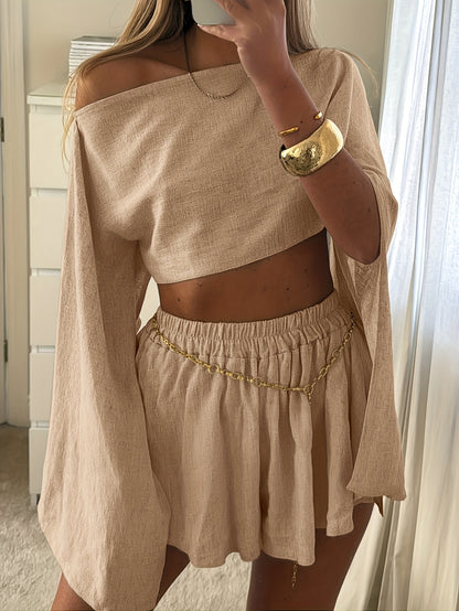 Off-Shoulder Crop Top & Elastic Waist Shorts Set